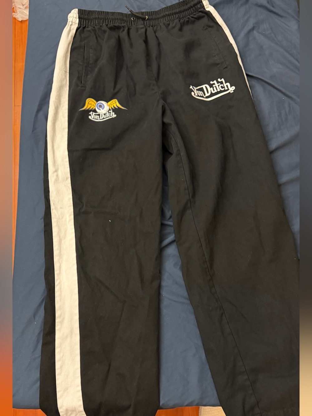 Von Dutch Black Sweatpants with White Side Stripes and Winged Logo